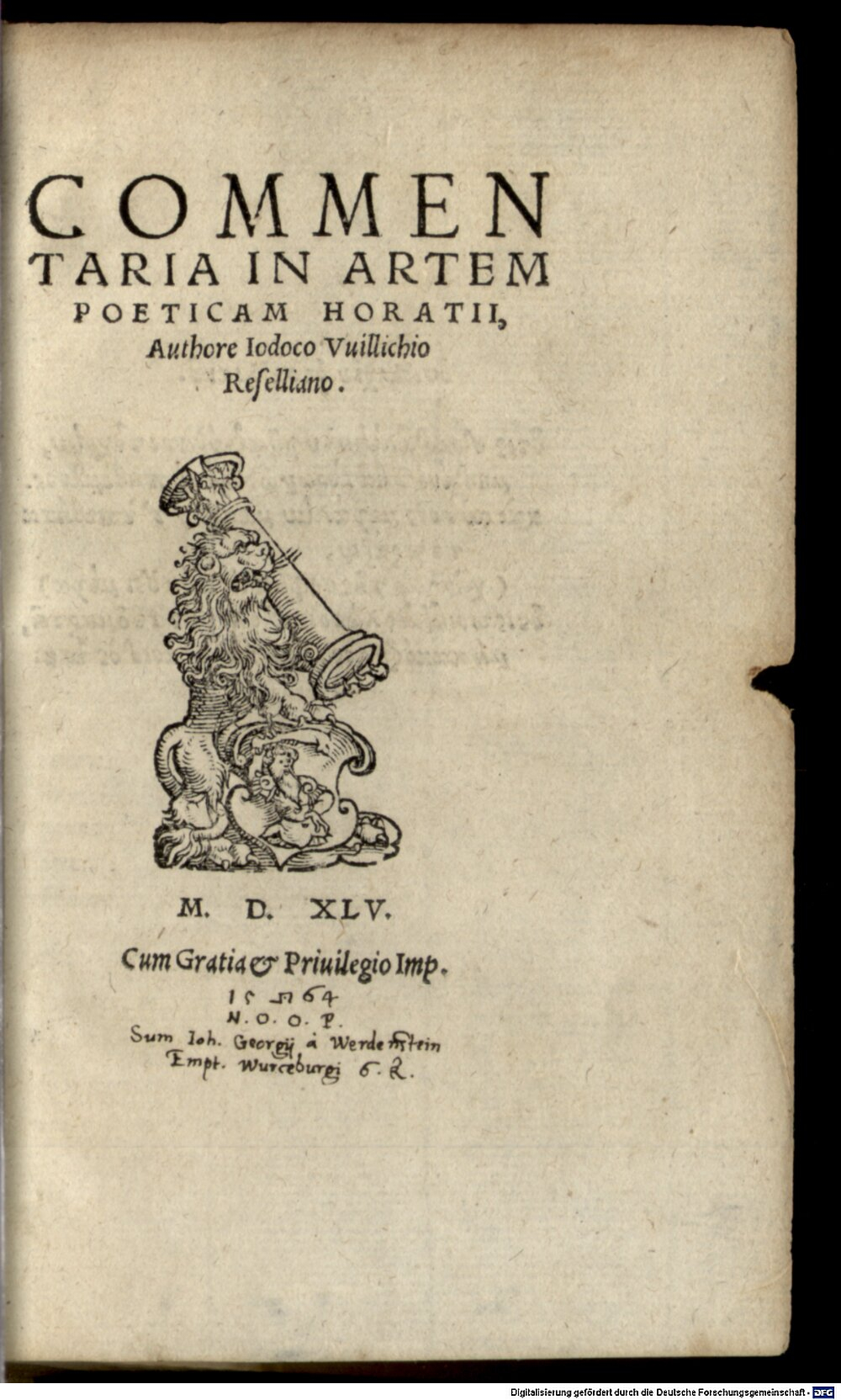 Willich, Jodocus: Commentaria In Artem Poeticam Horatii Argentorati 1545 (A.lat.a. 522#Beibd.1)