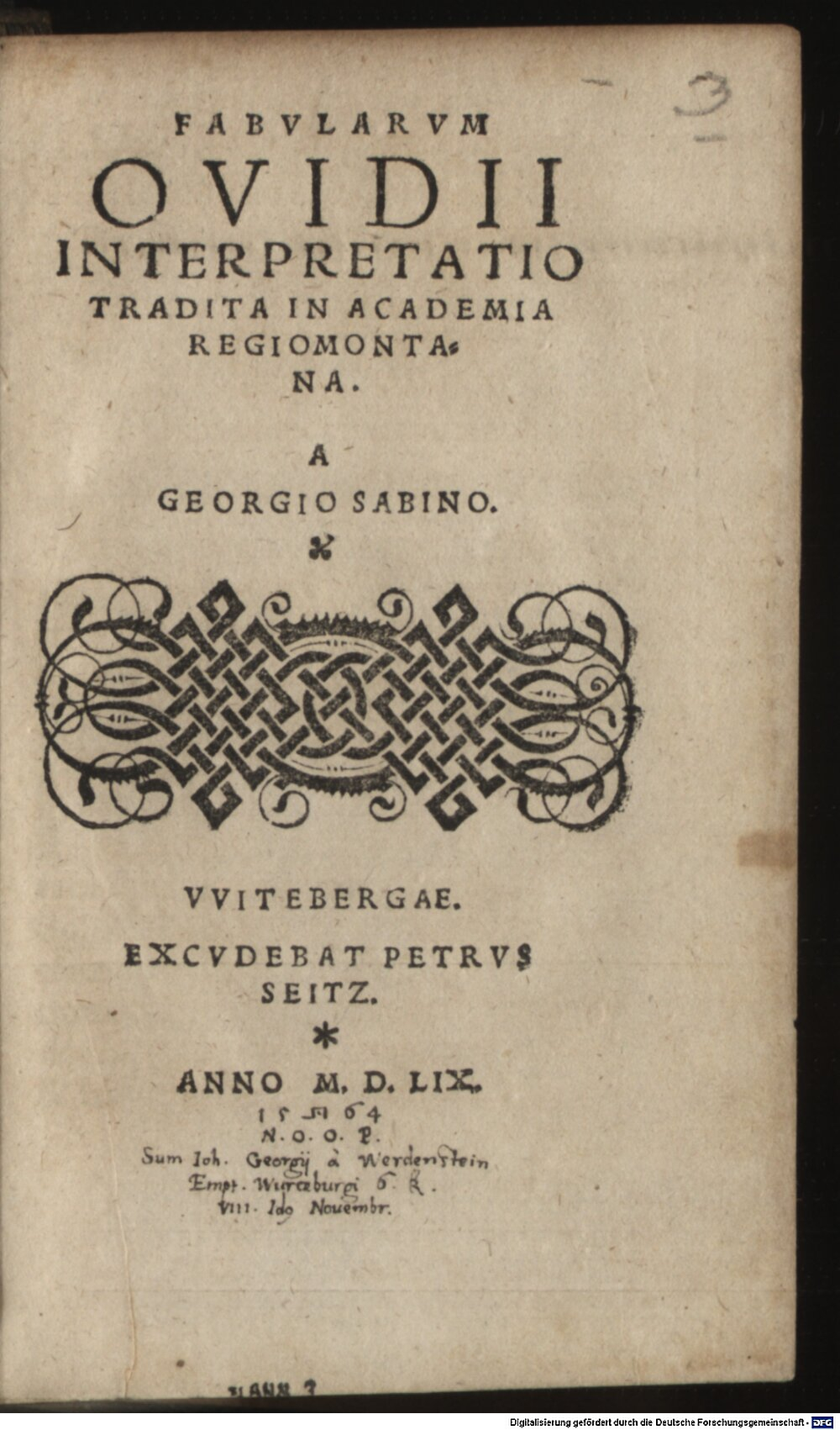 Sabinus, Georg: Fabularum Ovidii interpretatio Witebergae 1559 (A.lat.a. 2381#Beibd.2)