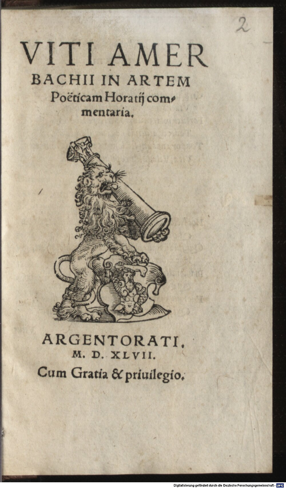 Amerbach, Veit: Viti Amerbachi In artem poeticam Horatii commentaria Argentoratum 1547 (A.lat.a. 1269#Beibd.2)