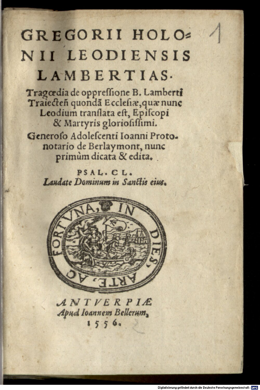 Hologne, Grégoire de: Lambertias ... Antverpia 1556 (A.lat.a. 1498#Beibd.1)