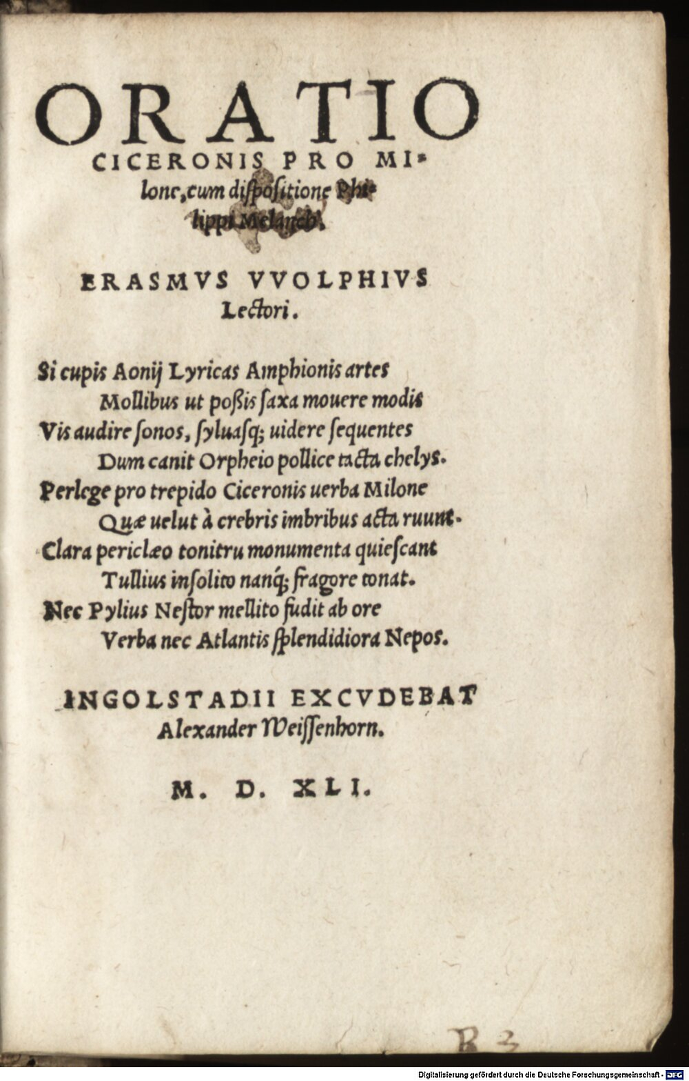 Cicero, Marcus Tullius: Oratio Ciceronis pro Milone Ingolstadii 1541 (A.lat.a. 1094#Beibd.2)