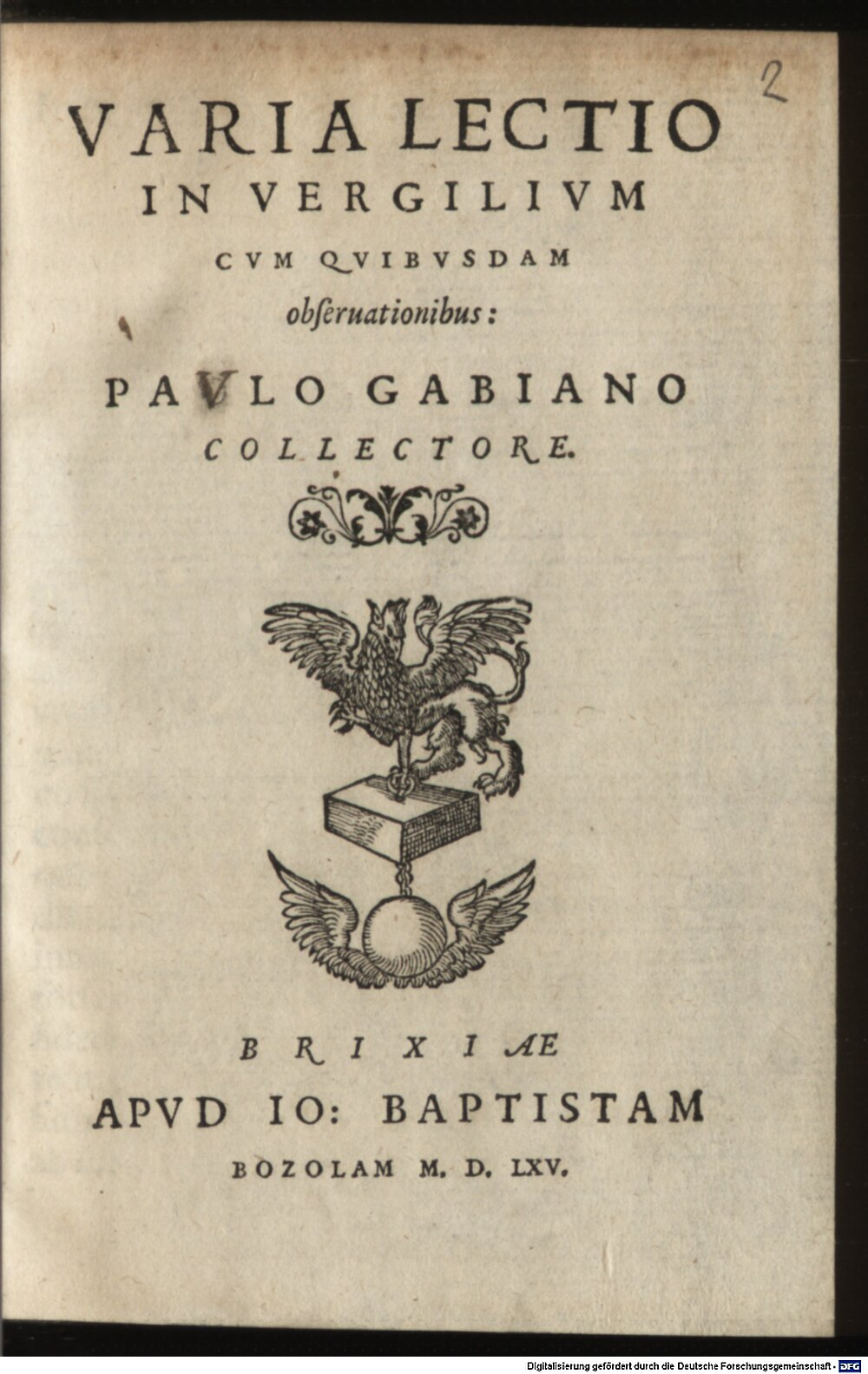 Gabiani, Paolo: Varia lectio in Virgilium Brixia 1565 (A.lat.a. 2490#Beibd.2)