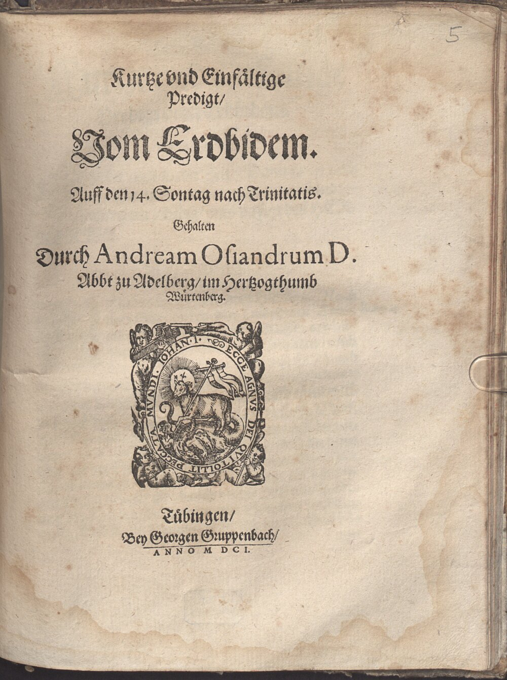 Osiander, Andreas: Kurtze und Einfältige Predigt Vom Erdbidem Tübingen 1601 (Biogr. 3326 i#Beibd.5)