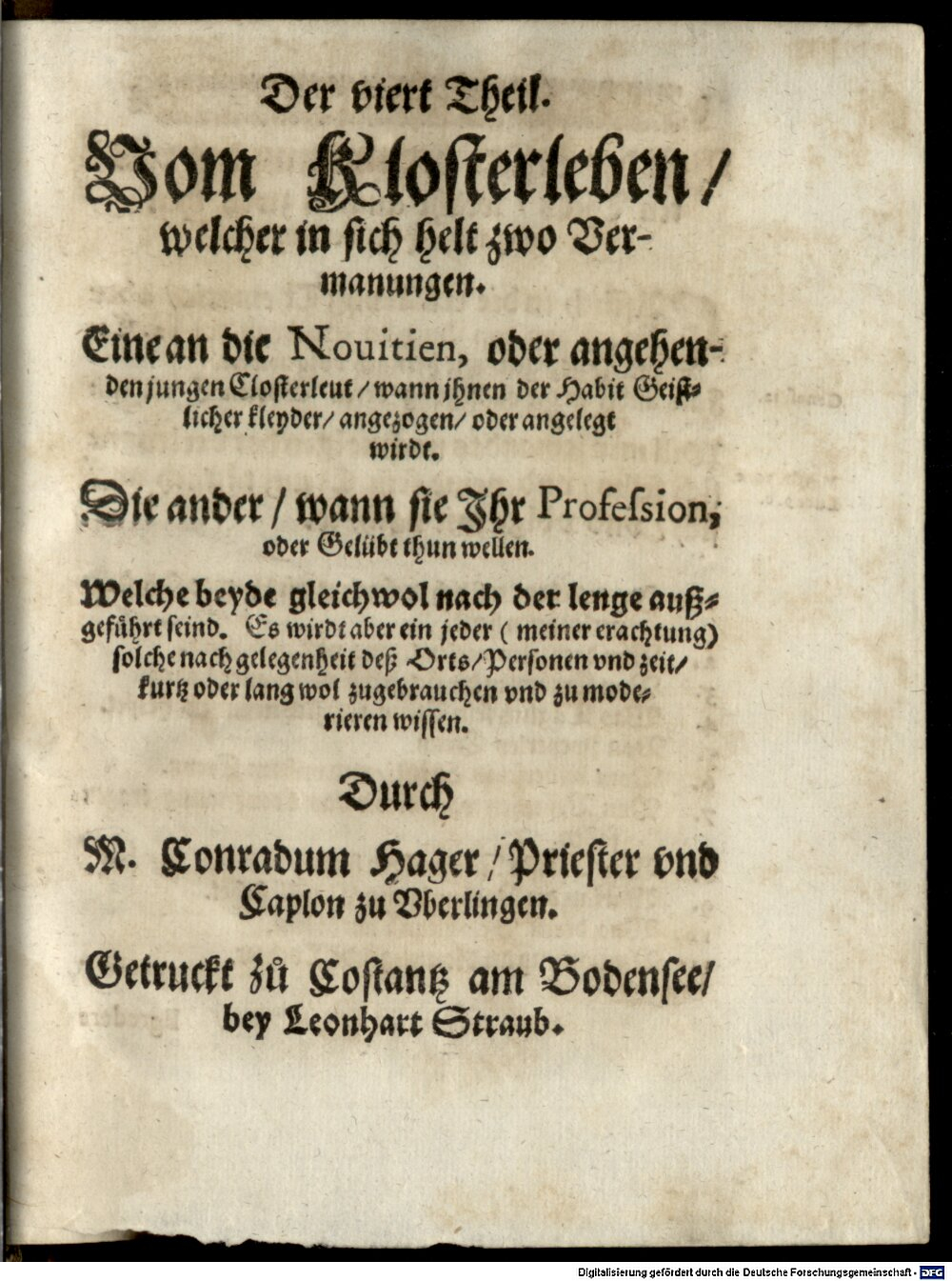 Hager, Conrad: Vom Kloster Leben Constantz am Bodensee (1596) (4 Asc. 435-1/4#4)