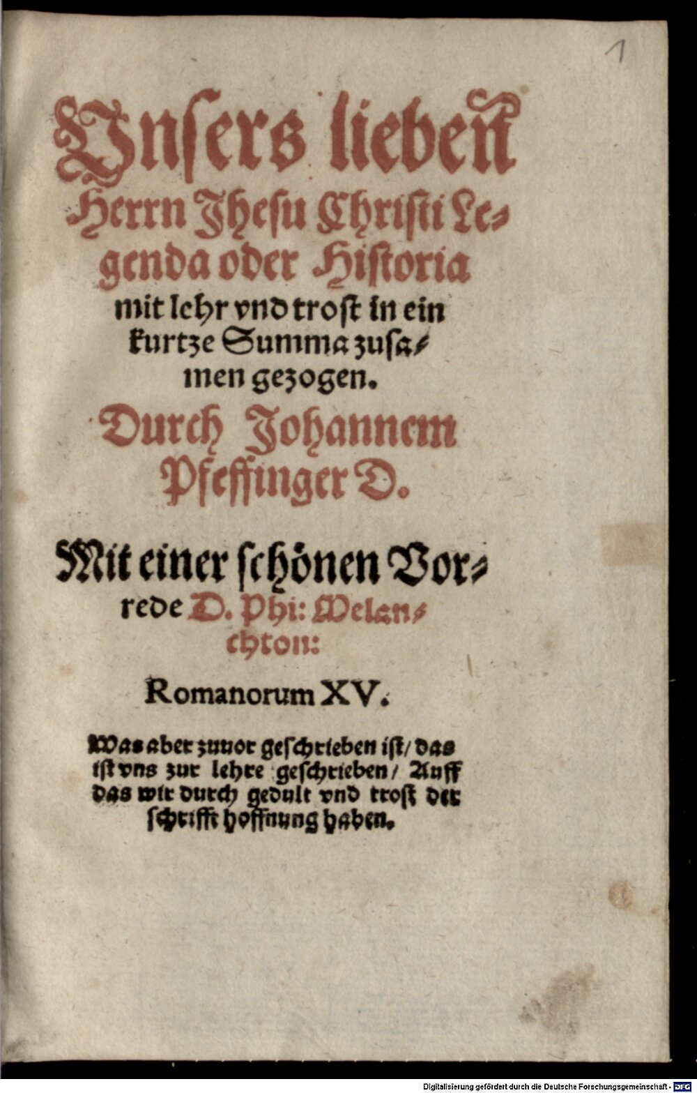 Pfeffinger, Johann: Unsers Lieben Herrn Jesu Christi Legenda Leipzig 1553 (Asc. 857#Beibd.1)