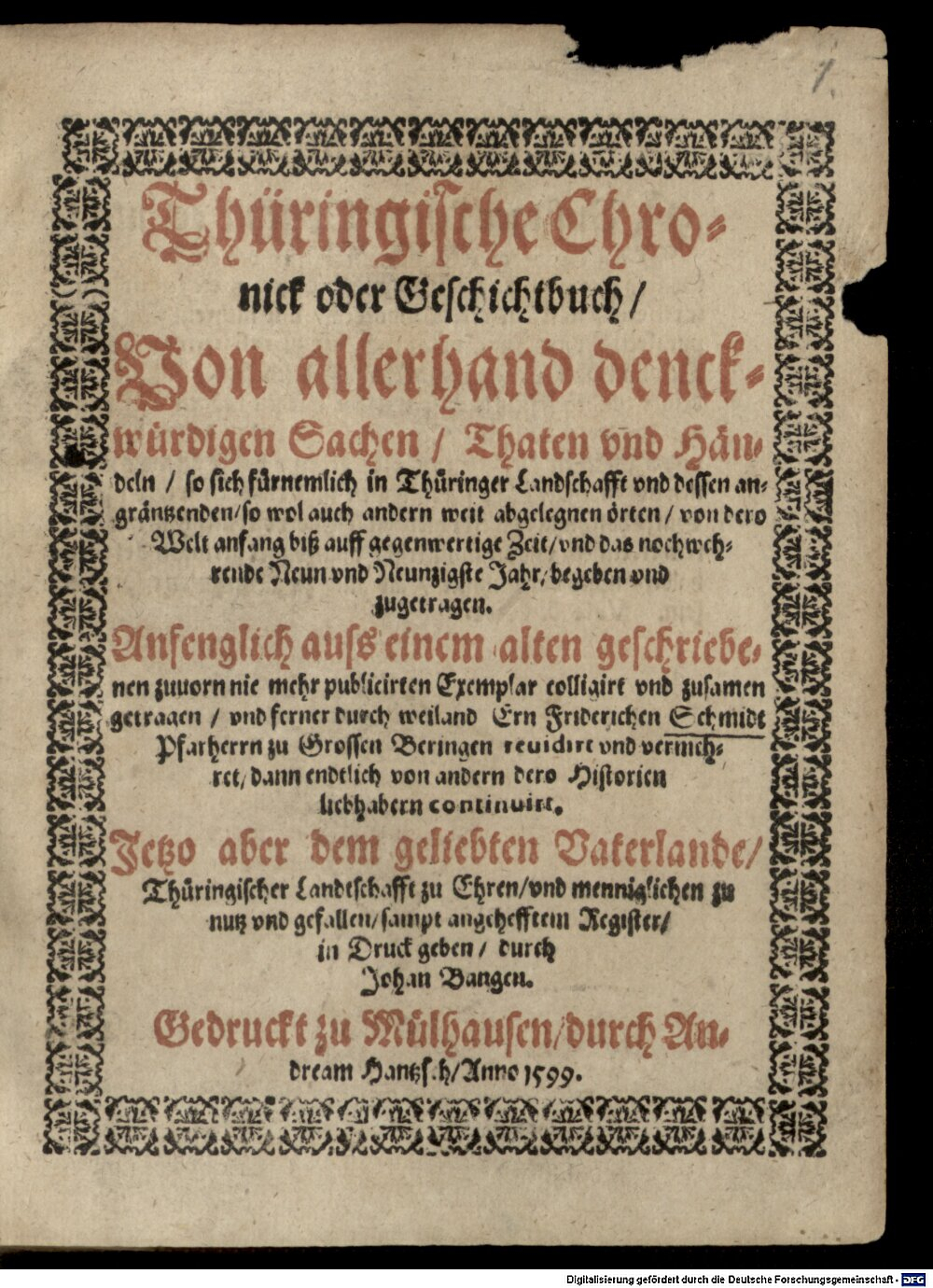 Schmidt, Ernst Friedrich: Thüringische Chronik Mühlhausen 1599 (4 Bor. 50#Beibd.1)