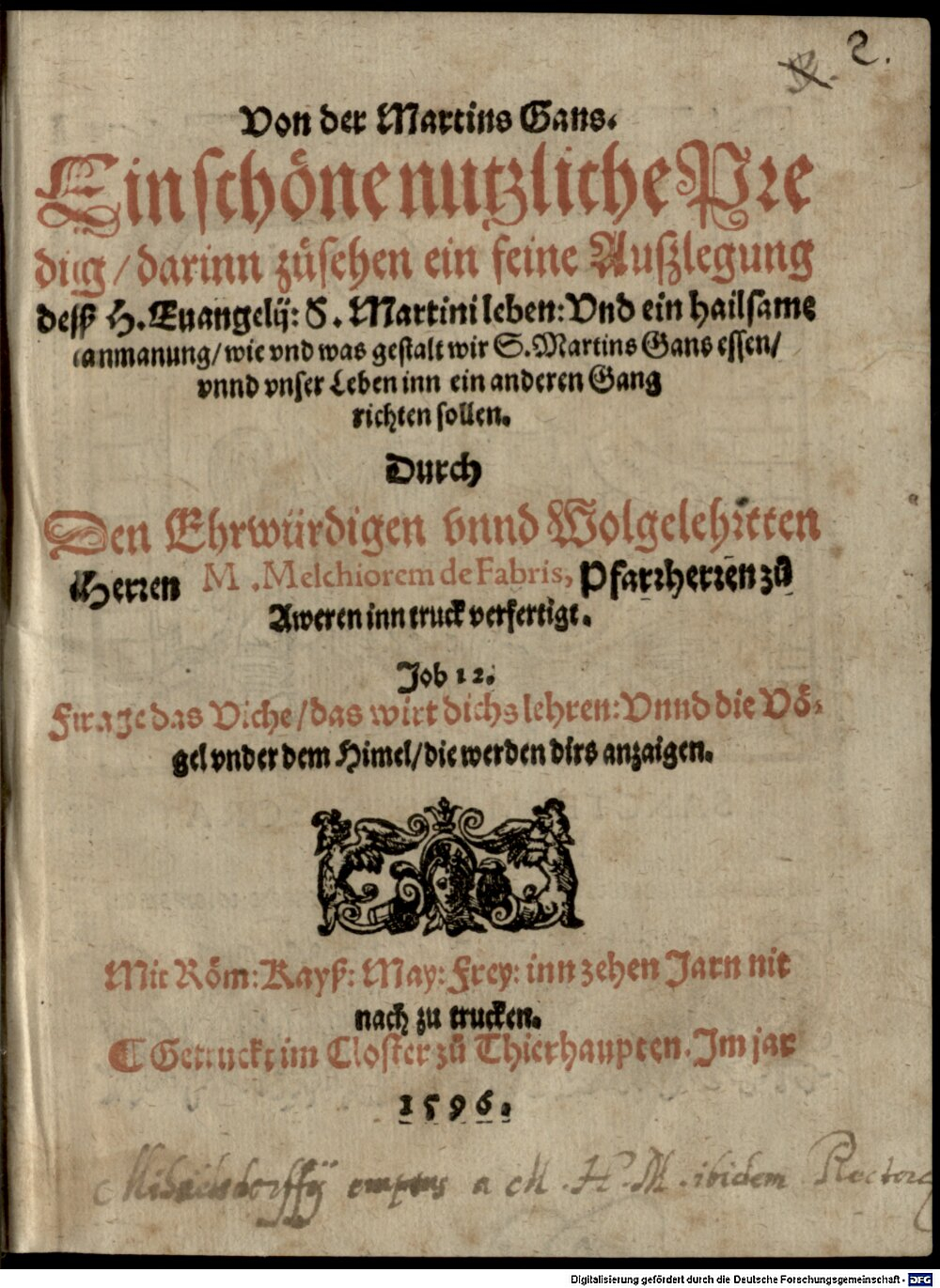 Fabris, Melchior de: Von der Martins Gans Thierhaupten 1596 (4 Asc. 1184#Beibd.2)