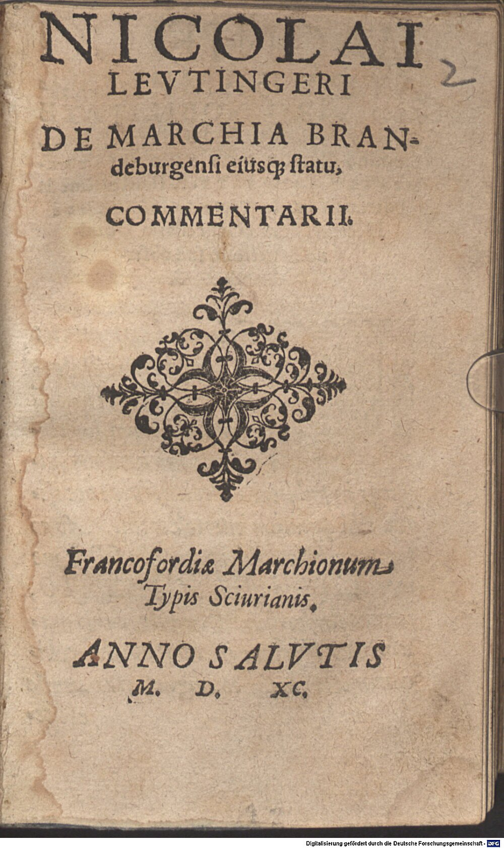 Leutinger, Nicolaus: De Marchia Brandenburgensi eiusque statu commentarii Francofurtum 1590 (Bor. 120#Beibd.2)