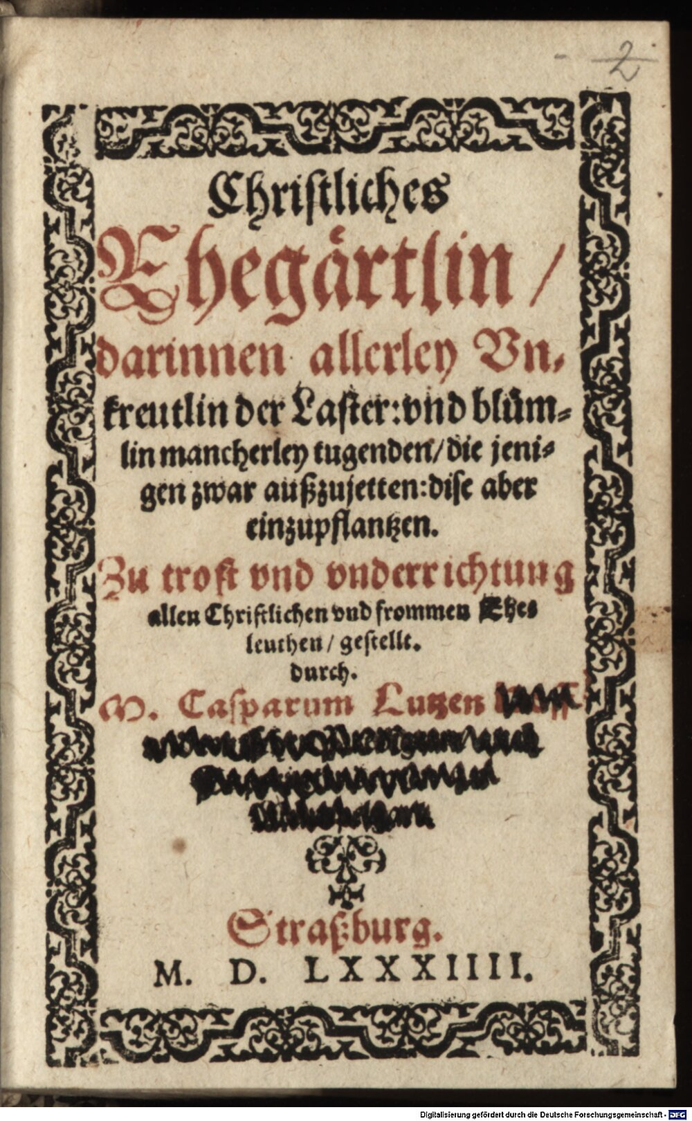 Lucius, Caspar: Christliches Ehegärtlein Straßburg 1584 (Asc. 2433#Beibd.2)