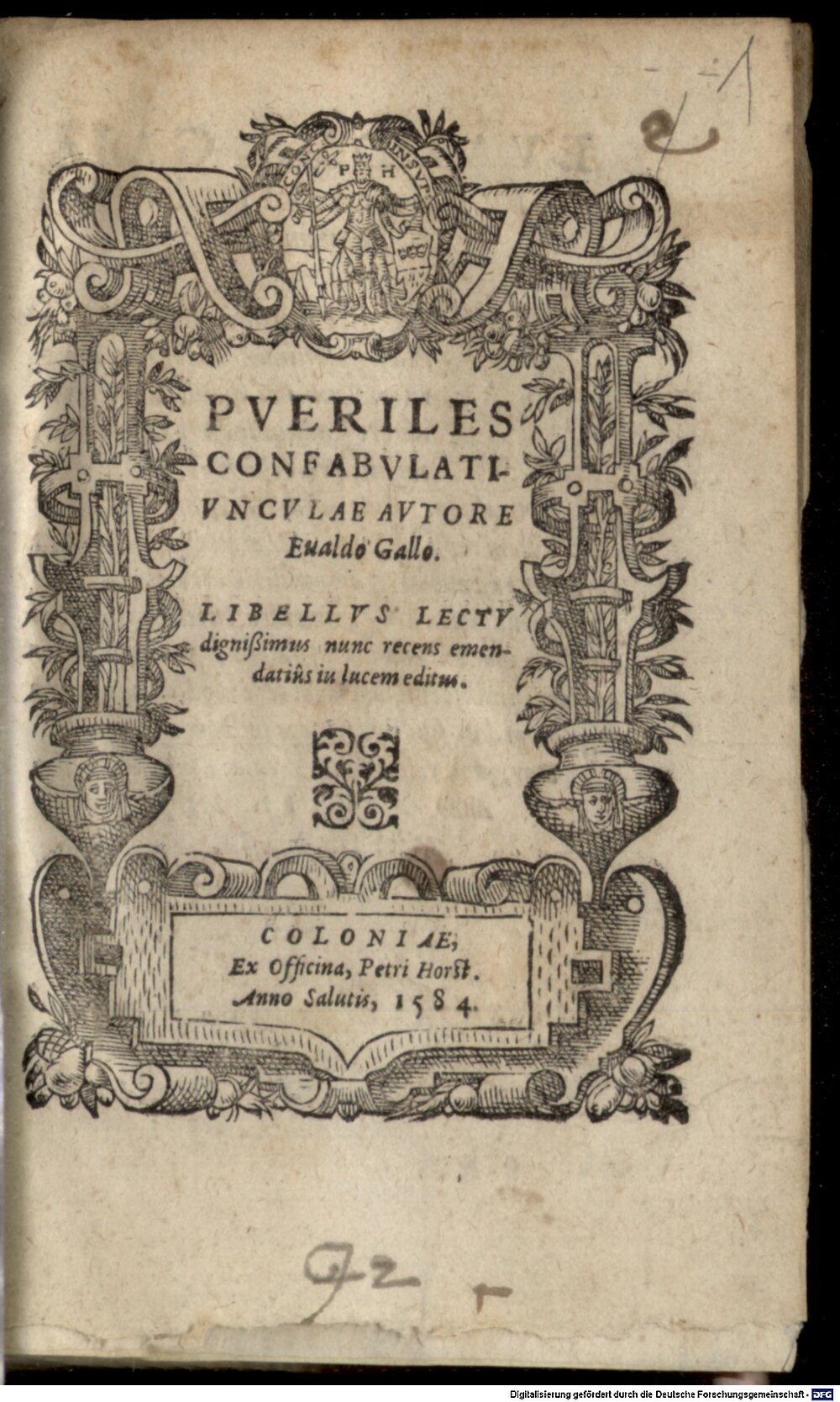 Gallus, Evaldus: Pveriles Confabvlatiuncvlae Coloniae 1584 (A.lat.b. 1279#Beibd.1)