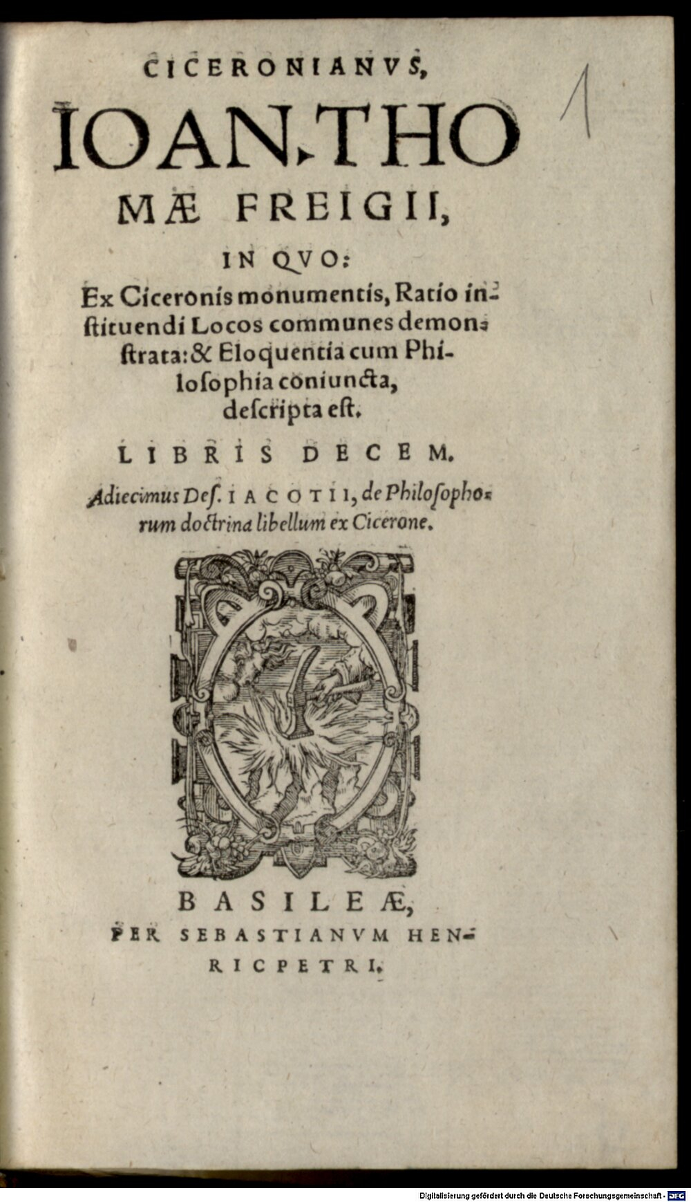 Freig, Johannes Thomas: Ciceronianvs, Ioan. Thomae Freigii Basileae 1579 (A.lat.b. 749#Beibd.1)