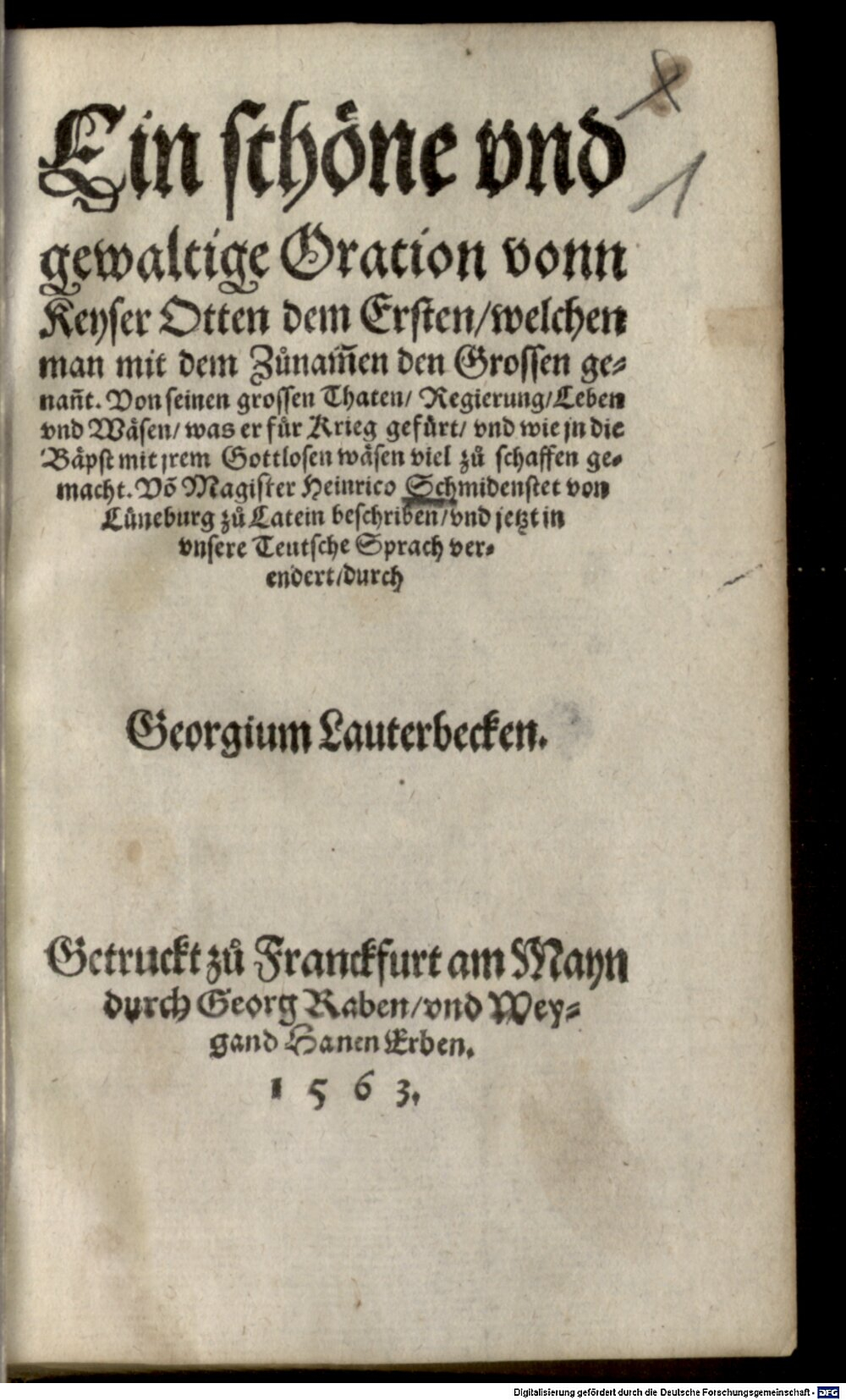 Schmedenstede, Heinrich: Eine schöne Oration von Keyser Otten dem Ersten Frankfurt a. M. 1563 (Asc. 3186#Beibd.1)
