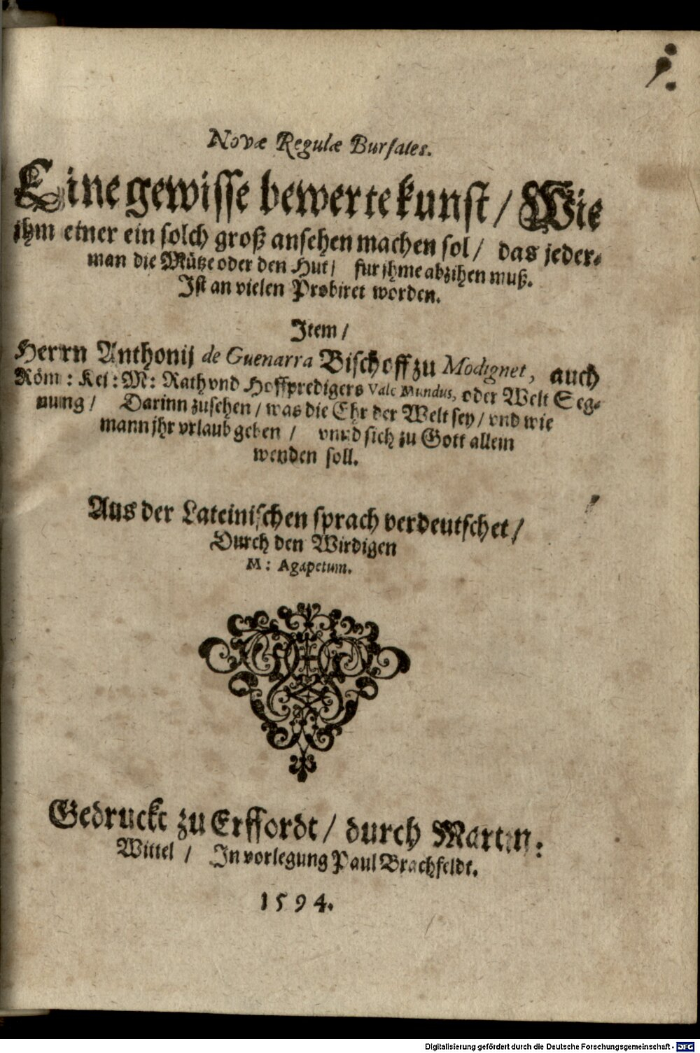 Agapetus <Magister>: Novae regulae bursales Erffordt 1594 (4 Belg. 115#Beibd.1)