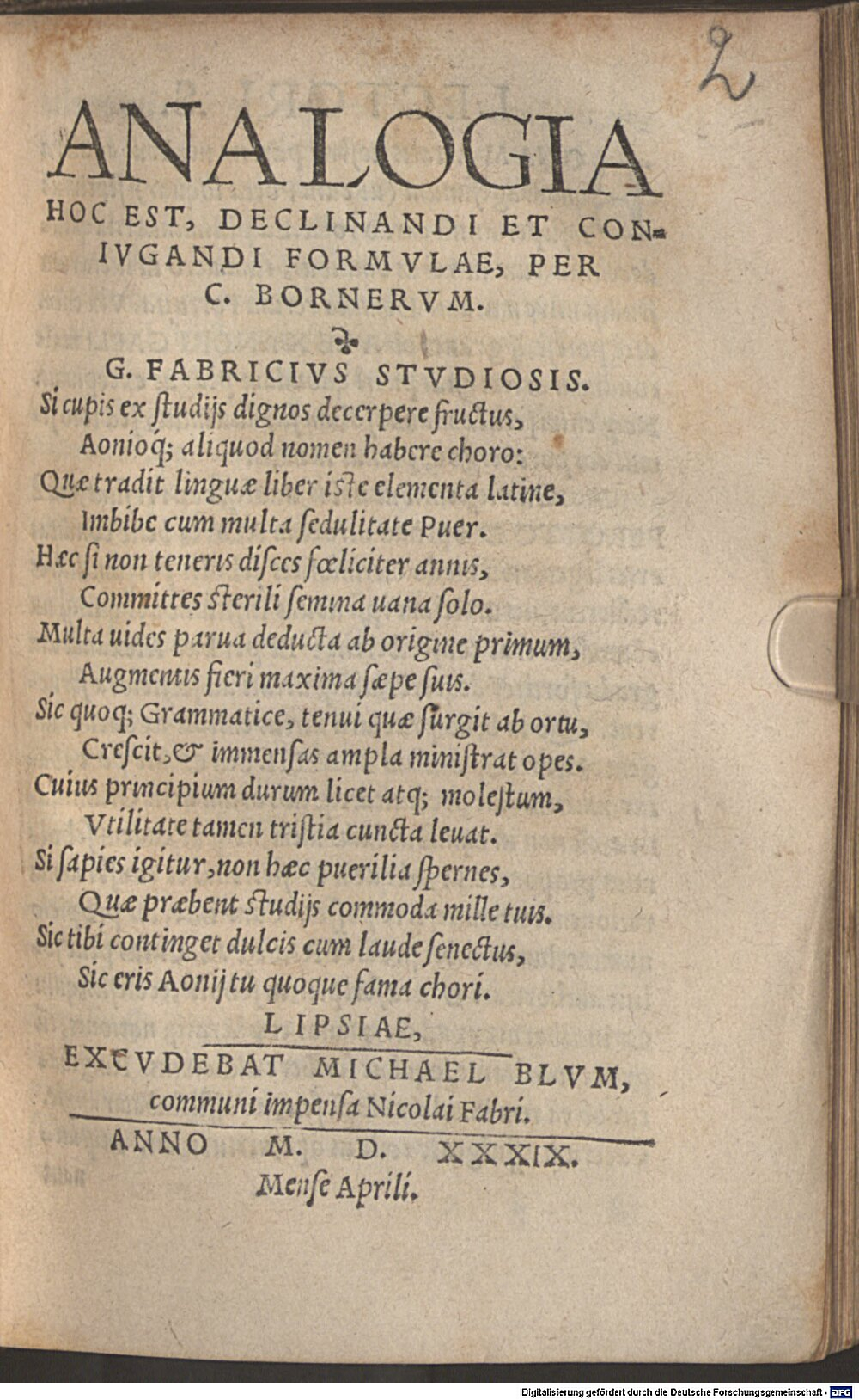 Borner, Caspar: Analogia Lipsia 1539 (A.lat.b. 728#Beibd.2)