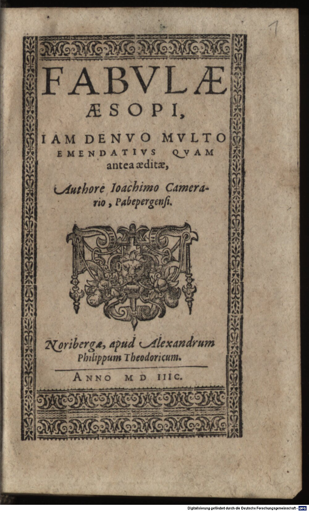 Aesopus: Fabvlae Aesopi Noribergae 1597 (Catech. 461#Beibd.1)