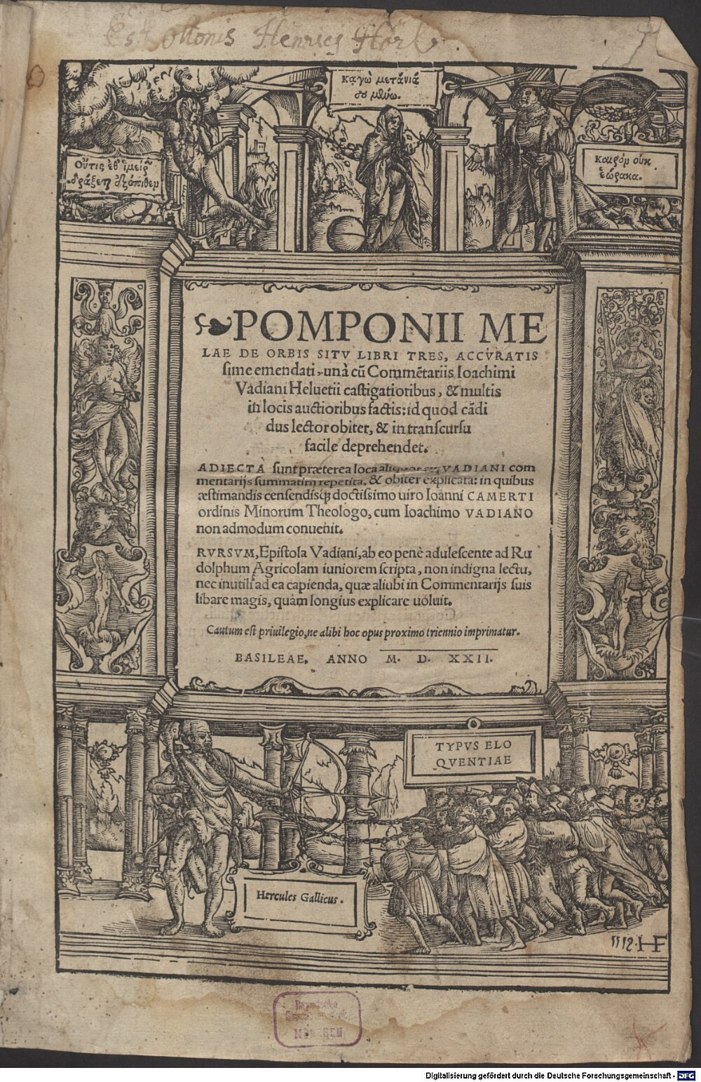 Mela, Pomponius: Pomponii Melae De Orbis Sitv Libri Tres Basileae 1522 (2 A.lat.b. 507)