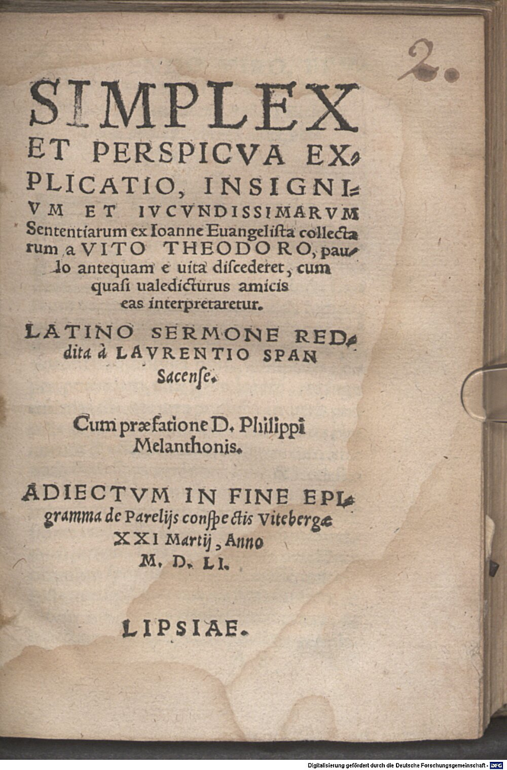 Dietrich, Veit: Simplex et perspicua explicatio, insignium et iucundissimarum sententiarum Lipsia 1551 (Asc. 4100#Beibd.1)