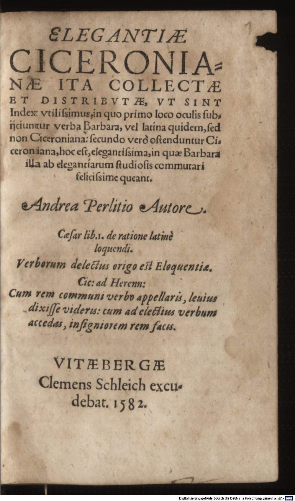 Perlitius, Andreas: Elegantiae Ciceronianae Viteberga 1582 (Asc. 4102#Beibd.1)