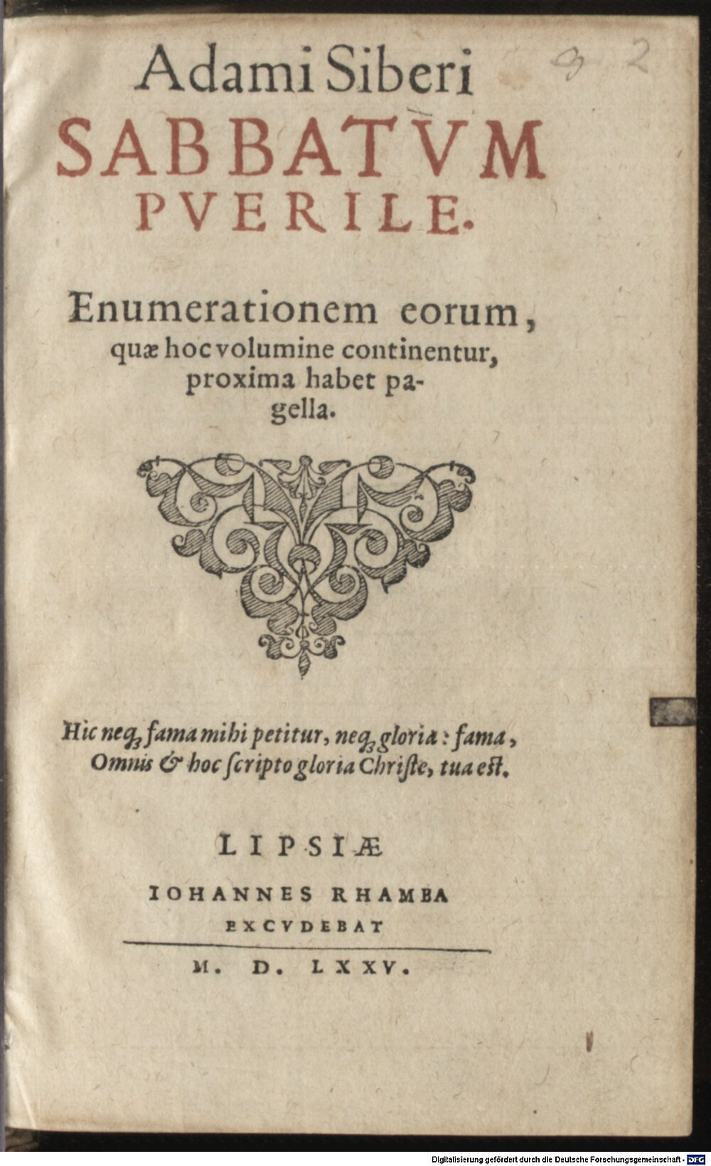 Siber, Adam: Sabbatum puerile Lipsia 1575 (Asc. 4566#Beibd.2)