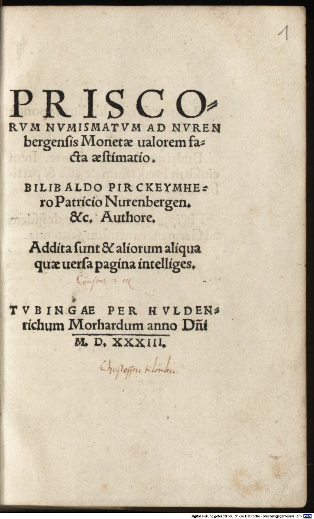 Pirckheimer, Willibald: Priscorum numismatum ad Nurenbergensis monetae valorem facta aestimatio Tubinga 1533 (Asc. 5029#Beibd.1)