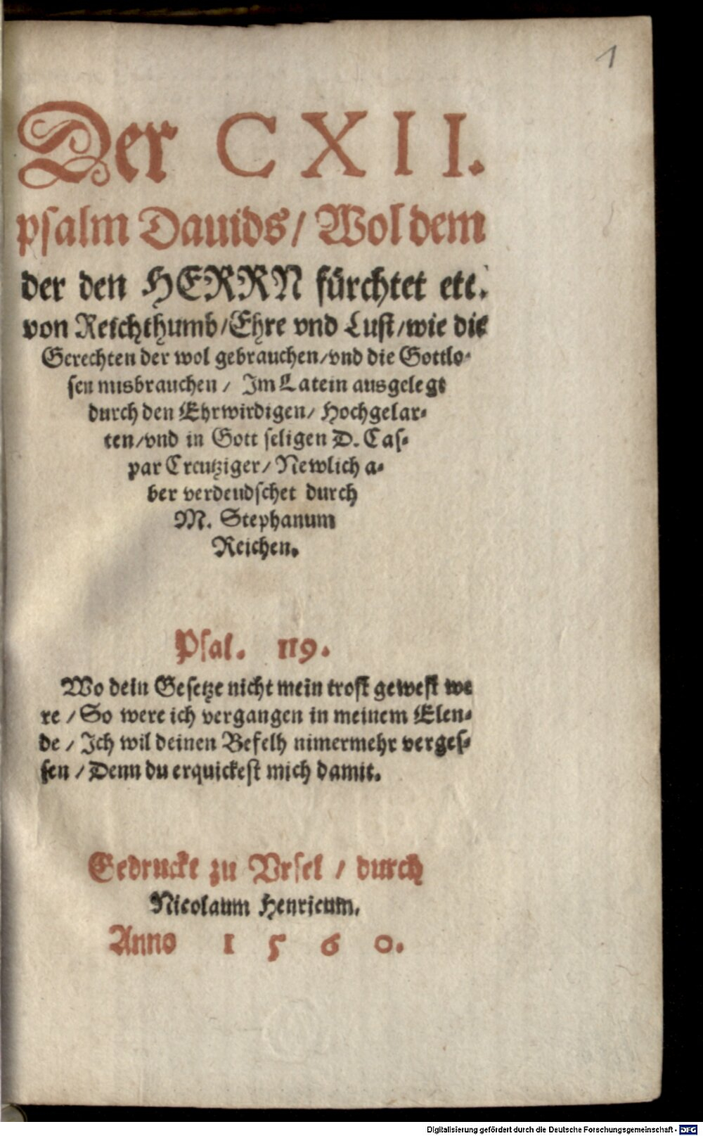 Cruciger, Caspar: Der CXII. Psalm Davids wol dem, der den Herrn fürchtet Ursel 1560 (Asc. 3213#Beibd.1)