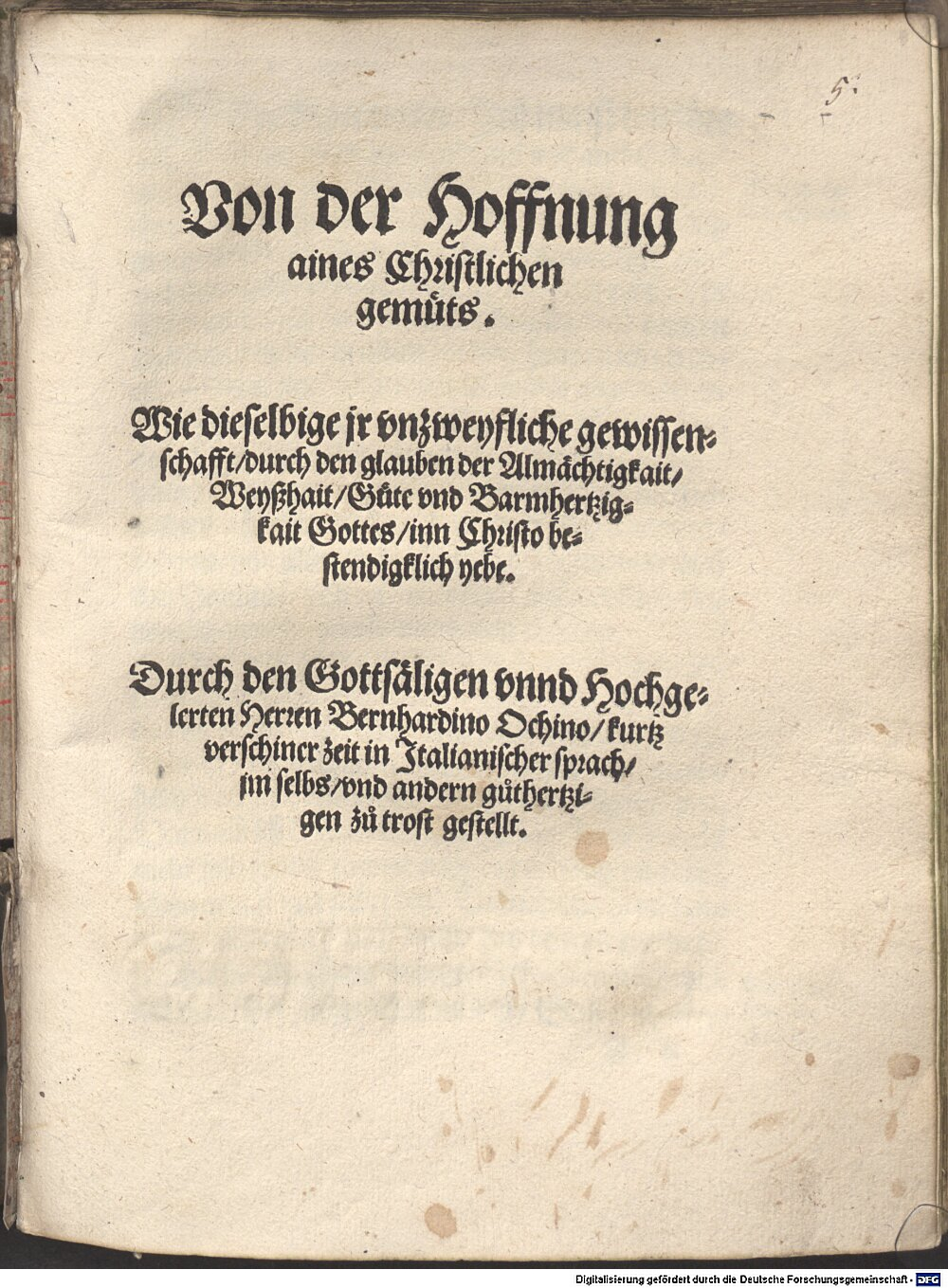 Ochino, Bernardino: Von der Hoffnung aines Christlichen gemüts Augspurg 1547 (Res/4 J.can.p. 161#Beibd.5)