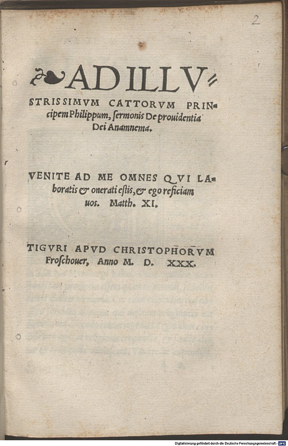 Zwingli, Ulrich: Ad Illvstrissimvm Cattorvm Principem Philippum, sermonis De prouidentia Dei Anamnema Tigvri 1530 (Asc. 5106#Beibd.2)