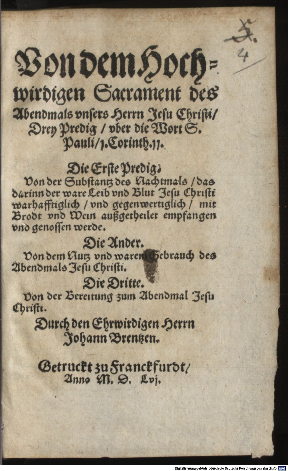 Brenz, Johannes: Von dem Hochw. Sacrament des Altares Frankfurt 1556 (Catech. 472#Beibd.4)