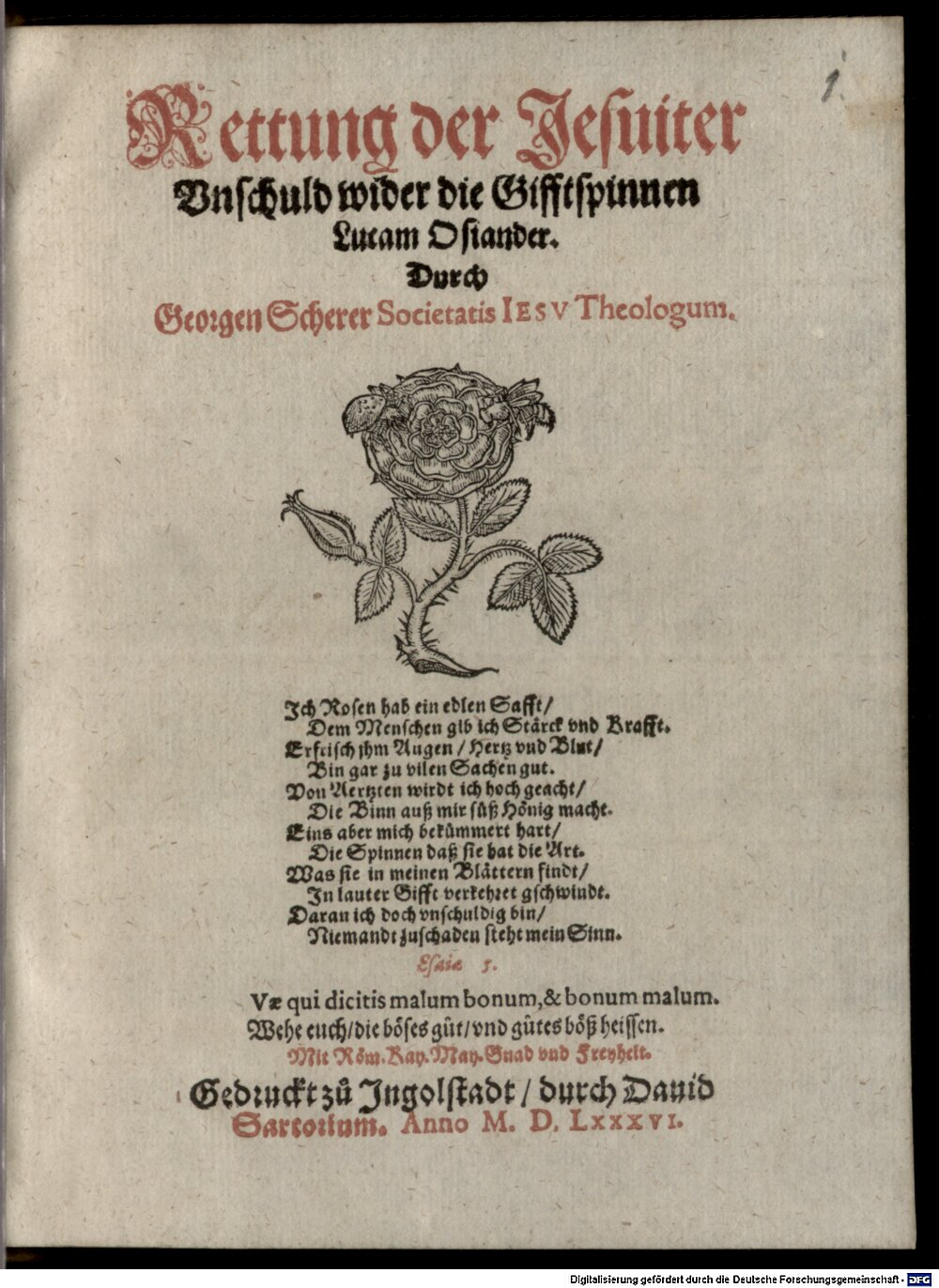 Scherer, Georg: Rettung der Jesuiter Vnschuld wider die Gifftspinnen Lucam Osiander Ingolstadt 1586 (4 Jes. 185,1)