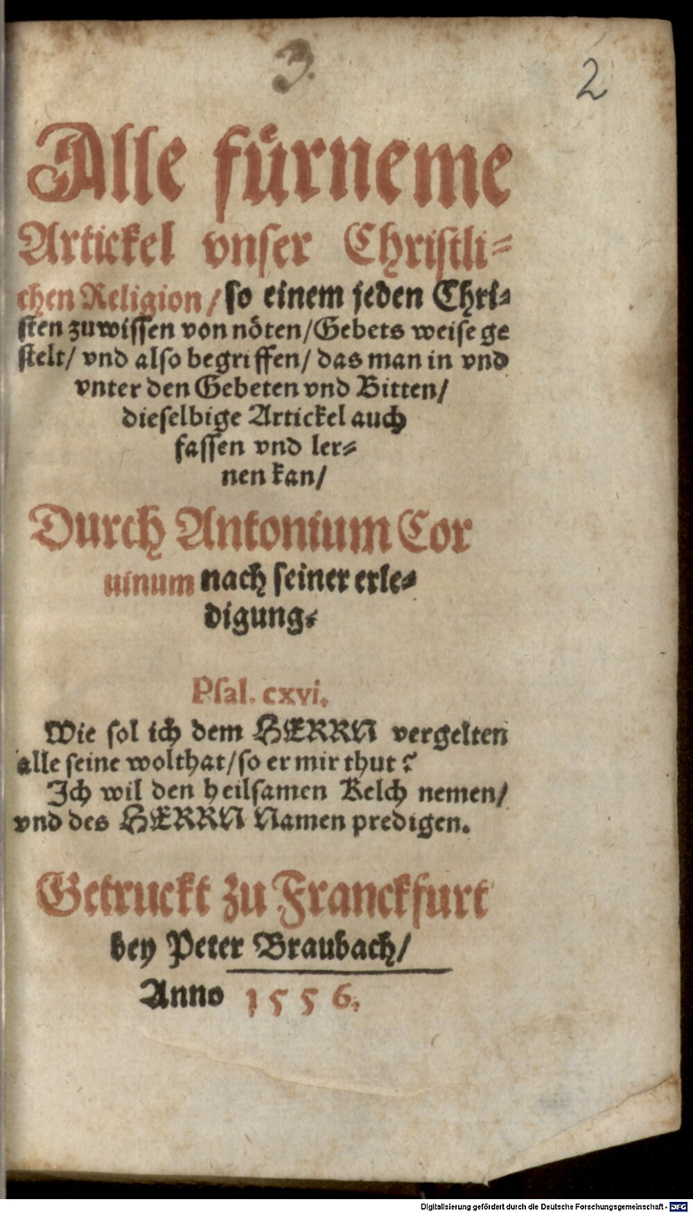 Corvinus, Antonius: Alle fürneme Artickel unser christlichen Religion, so einem jeden Christen zu wissen von nöten Franckfurt 1556 (Catech. 358#Beibd.2)