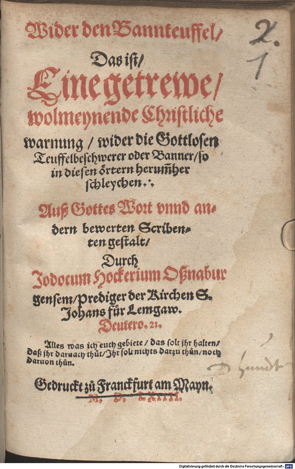 Hocker, Jodocus: Wider den Bannteuffel Franckfurt am Mayn 1564 (Asc. 2024#Beibd.1)