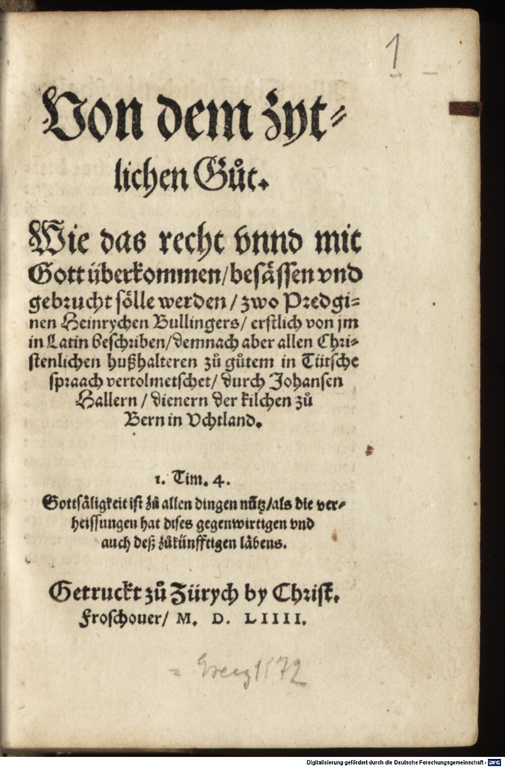 Bullinger, Heinrich: Von dem zytlichen Gut Zürych 1554 (Res/Biogr. 678#Beibd.1)