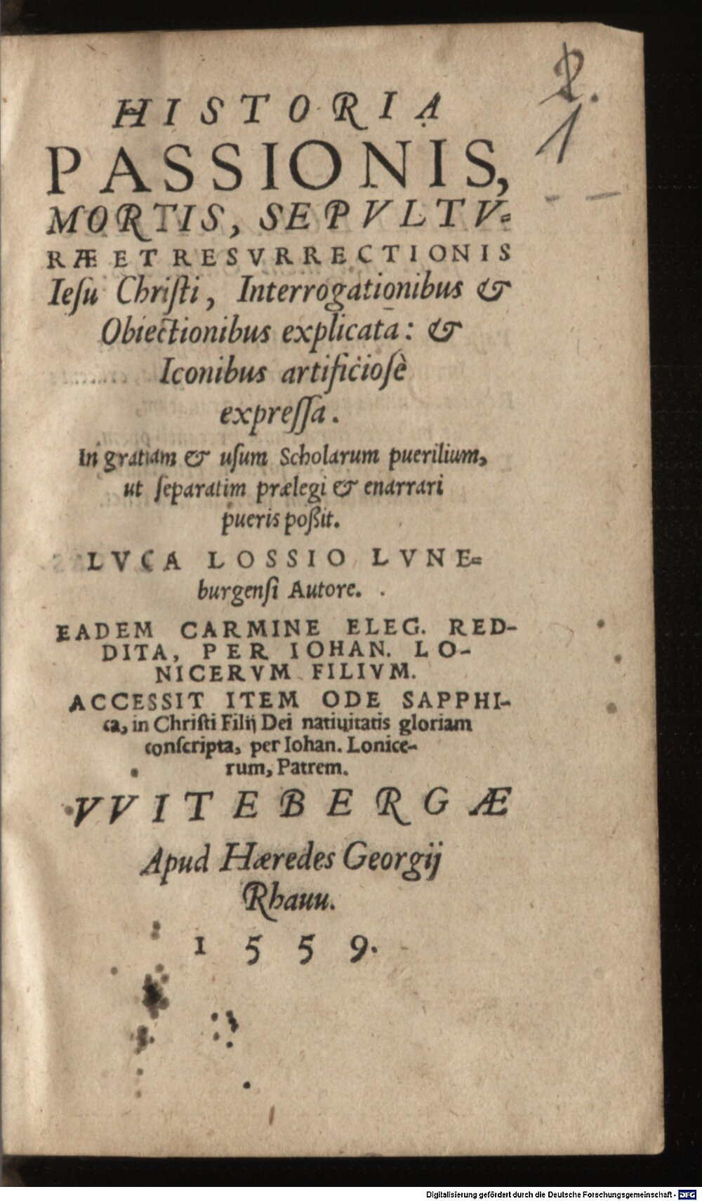 Lossius, Lucas: Historia passionis Jesu Christi Witeberga 1559 (Catech. 419#Beibd.1)