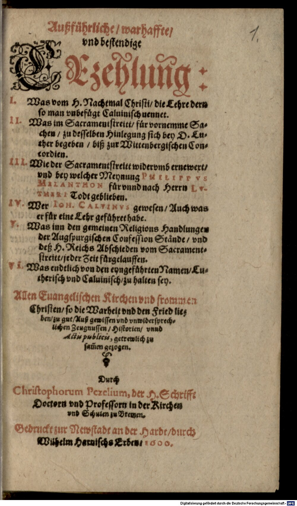 Pezel, Christoph: Außführliche, warhaffte und bestendige Erzehlung Newstadt a. d. H. 1600 (Asc. 2137 h#Beibd.1)