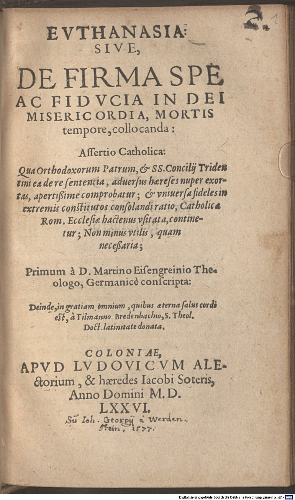 Eisengrein, Martin: Euthanasia Colonia 1576 (Asc. 2693#Beibd.1)