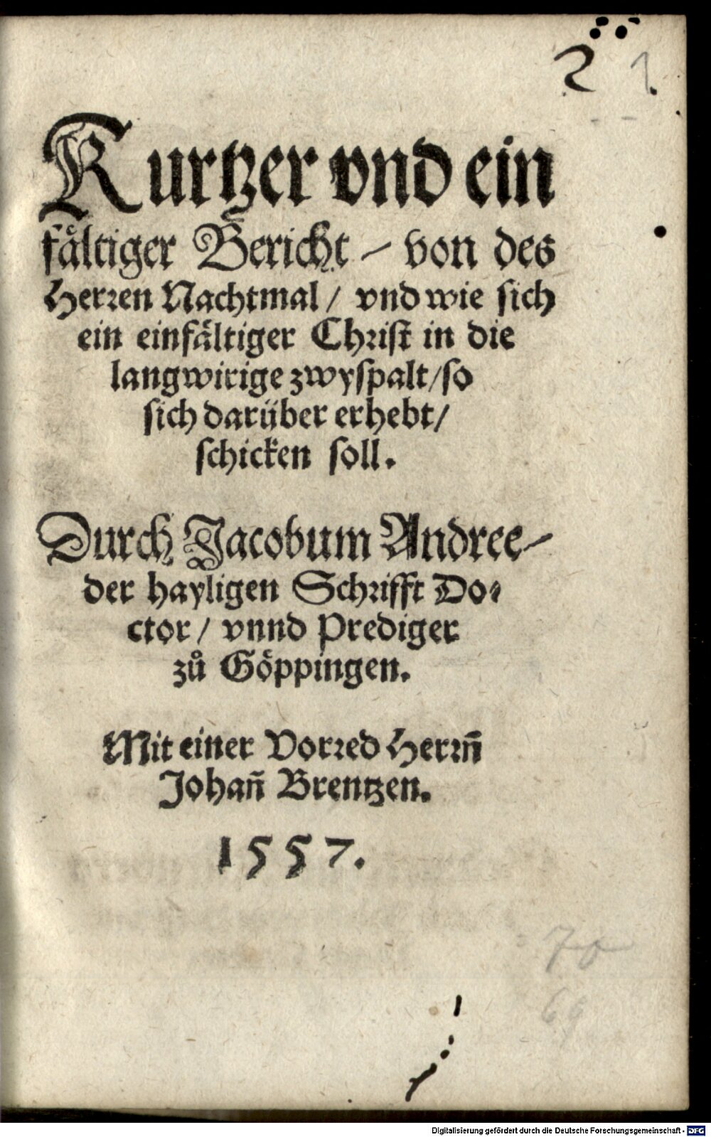 Andreä, Jacob: Kurtzer Bericht von des Herren Nachtmal ... Augspurg 1557 (Catech. 550#Beibd.1)