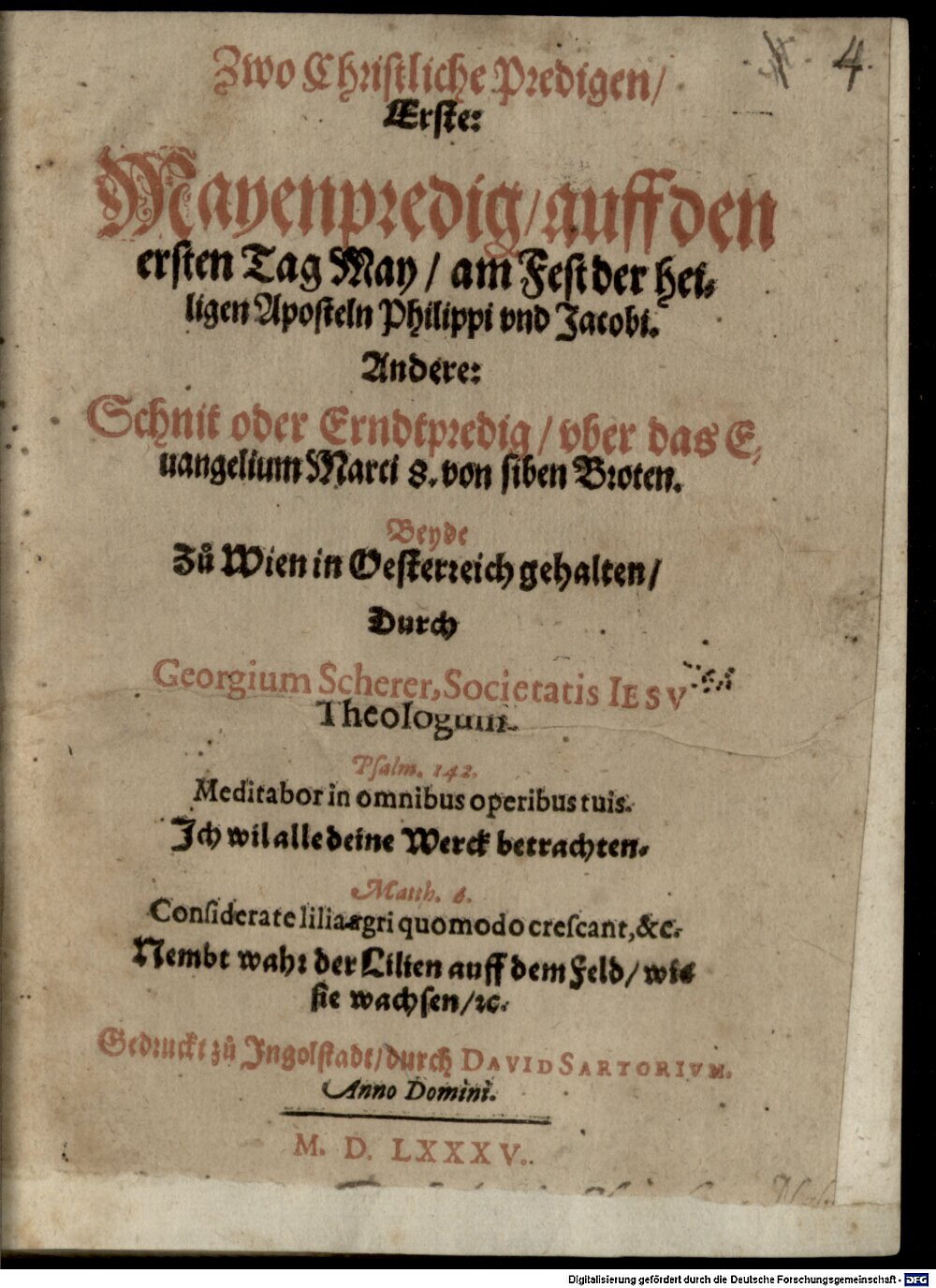 Scherer, Georg: Zwo Christliche Predigen Ingolstadt 1585 (4 Asc. 1184#Beibd.4)