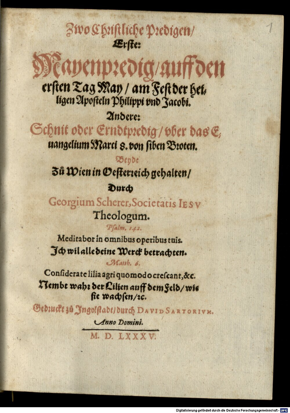 Scherer, Georg: Zwo Christliche Predigen Ingolstadt 1585 (4 Hom. 1944#Beibd.1)