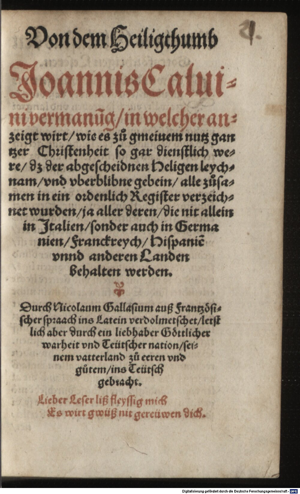 Calvin, Jean: Vermanung von der Papisten Heiligthumb Mühlhausen 1559 (V.ss.c. 230#Beibd.1)