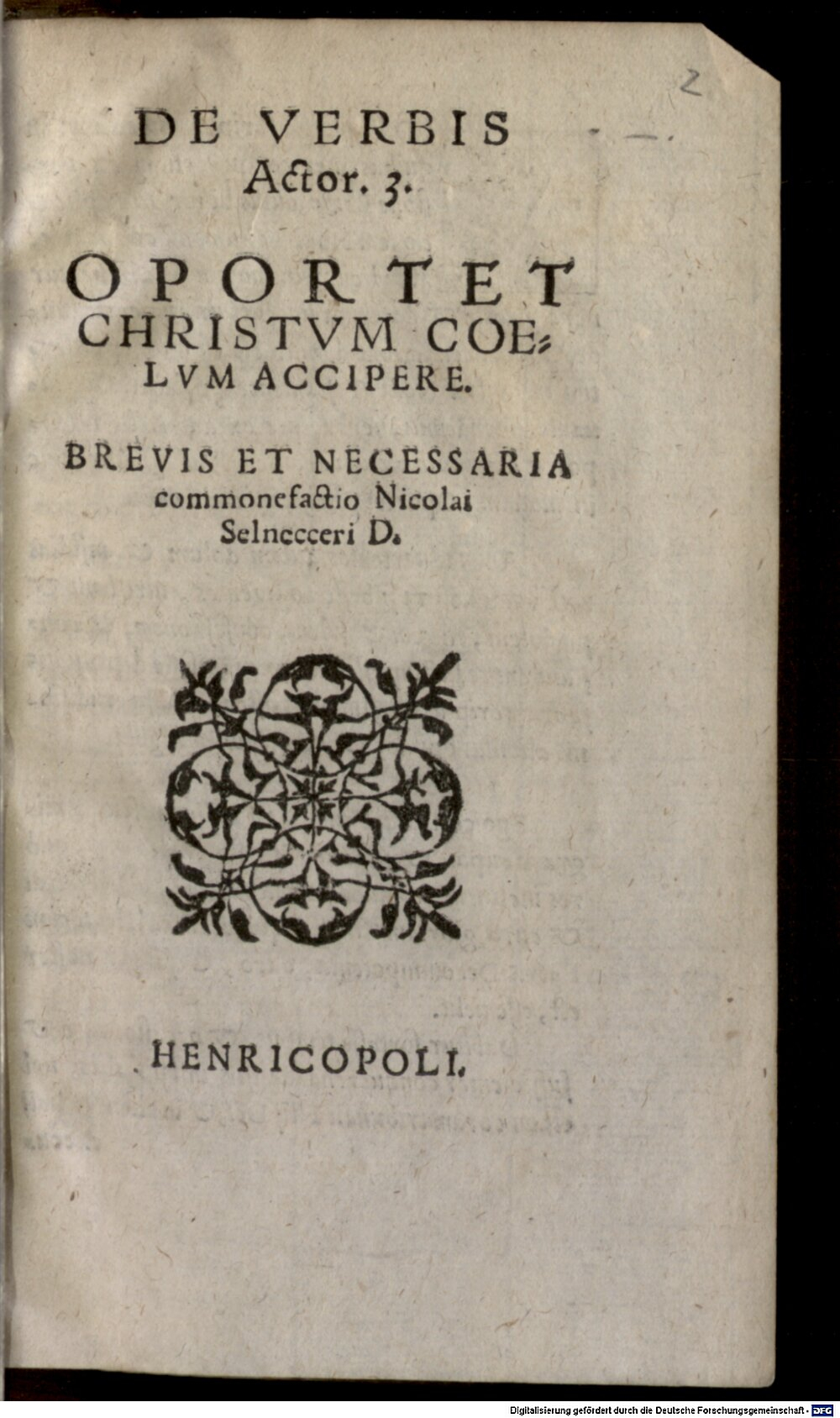 Selnecker, Nikolaus: De verbis Actorum III, Oportet Christum coelum accipere brevis ... commonefactio Henricopolis 1571 (Conc.c. 59#Beibd.2)