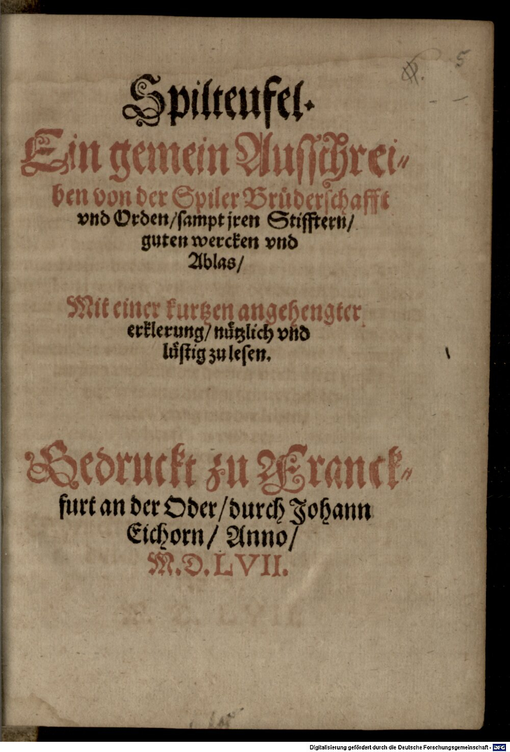 Schildo, Eustachius: Spilteufel Franckfurt an der Oder 1557 (4 Exeg. 32#Beibd.5)