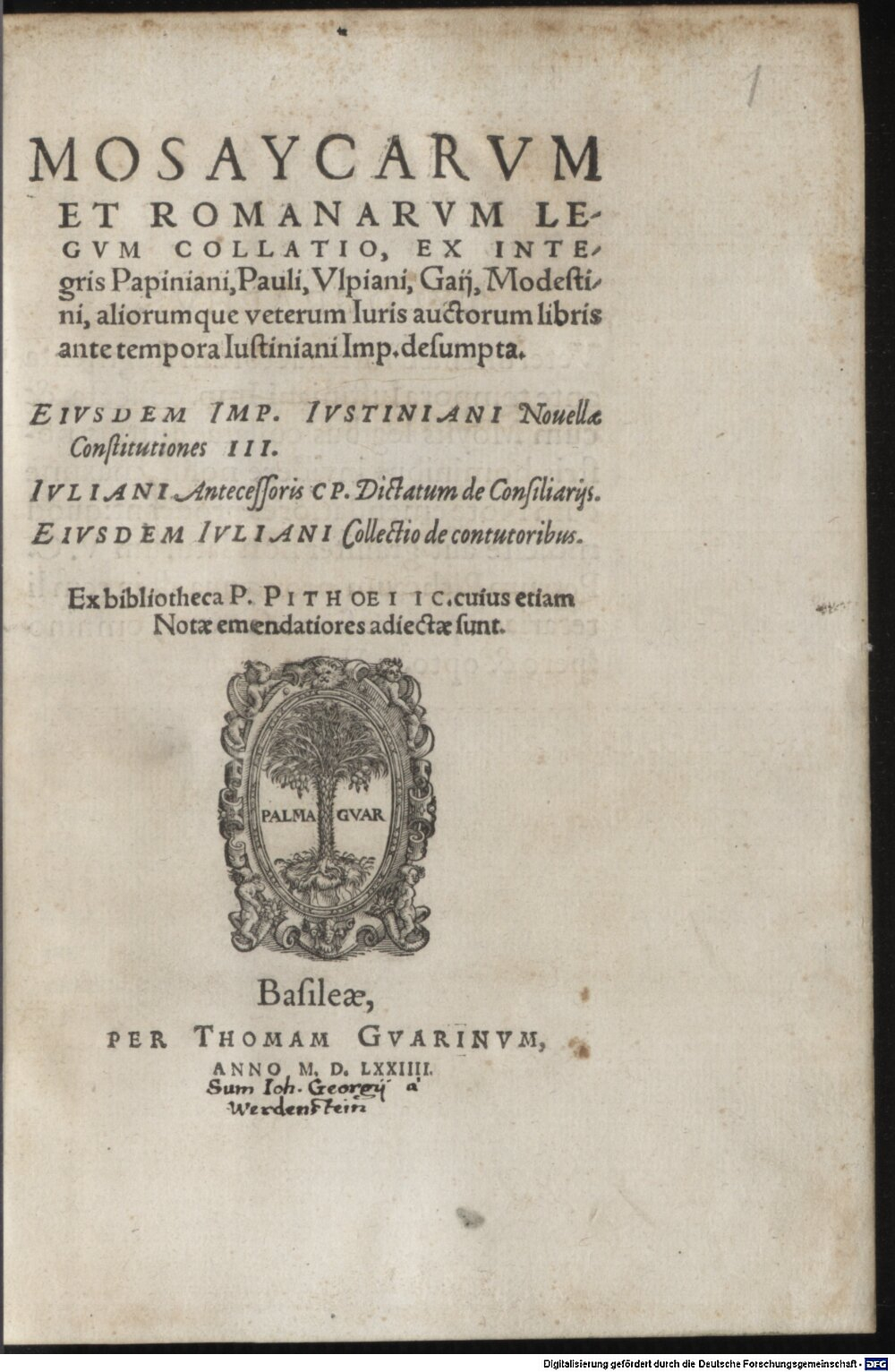 Pithou, Pierre: Mosaycarum et Romanarum legum collatio Basilea 1574 (4 J.rom.f. 73#Beibd.1)