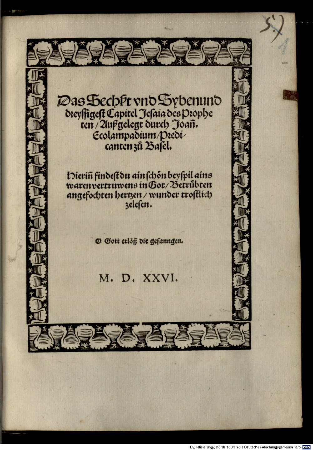 Hätzer, Ludwig: Das Sechßt vnd Sybenunddreyssigest Capitel Jesaia des Propheten Augspurg 1526 (4 Exeg. 241#Beibd.1)