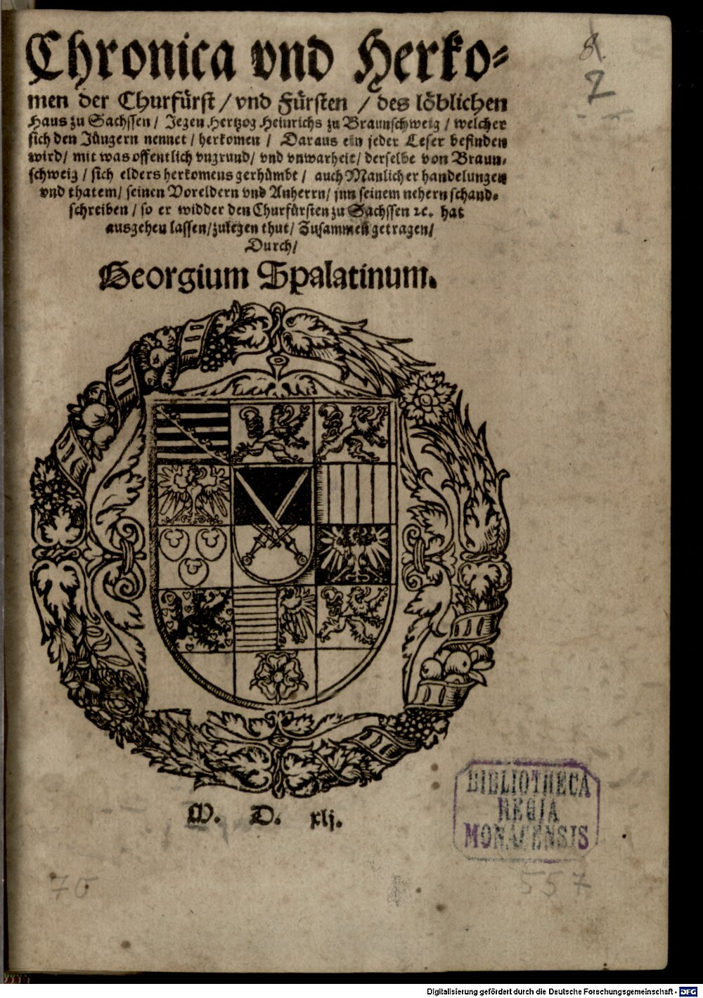 Spalatin, Georg: Chronica und Herkommen der Churfürsten und Fürsten des löbl. Hauß zu Sachsen Wittemberg 1541 (4 Liturg. 192#Beibd.7)