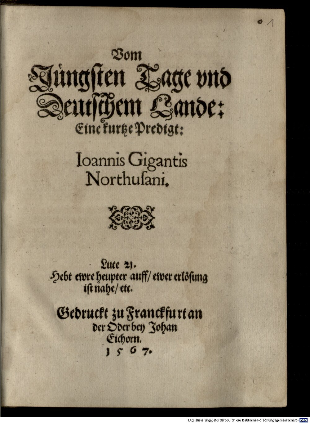 Gigas, Johannes: Vom jüngsten Tage vnd deutschen Lande Franckfurt an der Oder 1567 (4 Hom. 1313#Beibd.1)