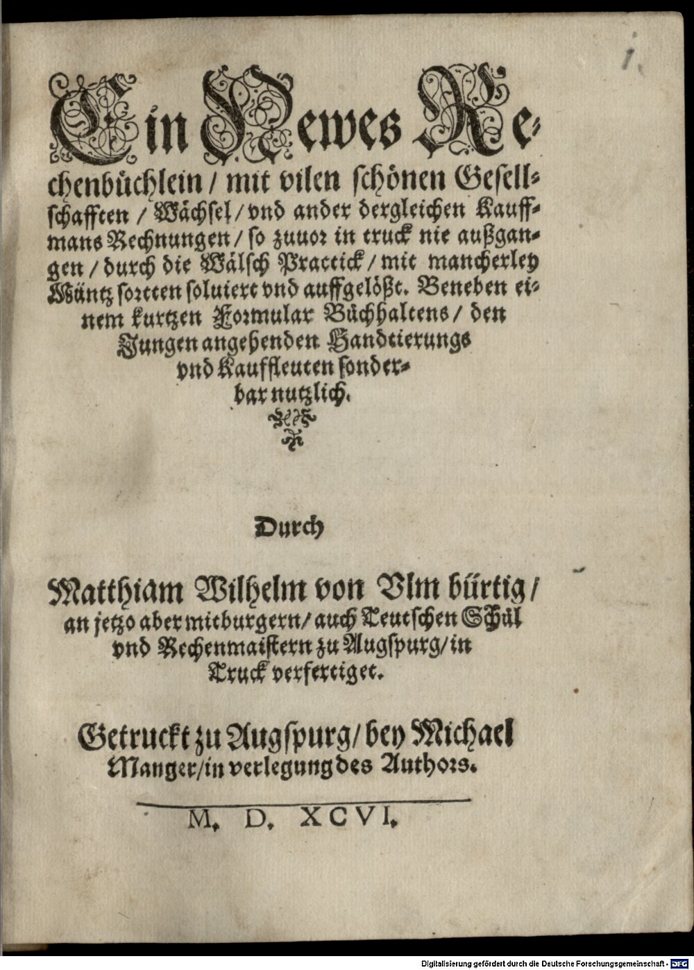 Wilhelm, Matthias: Ein newes Rechenbüchlein Augspurg 1596 (4 Merc. 36#Beibd.1)