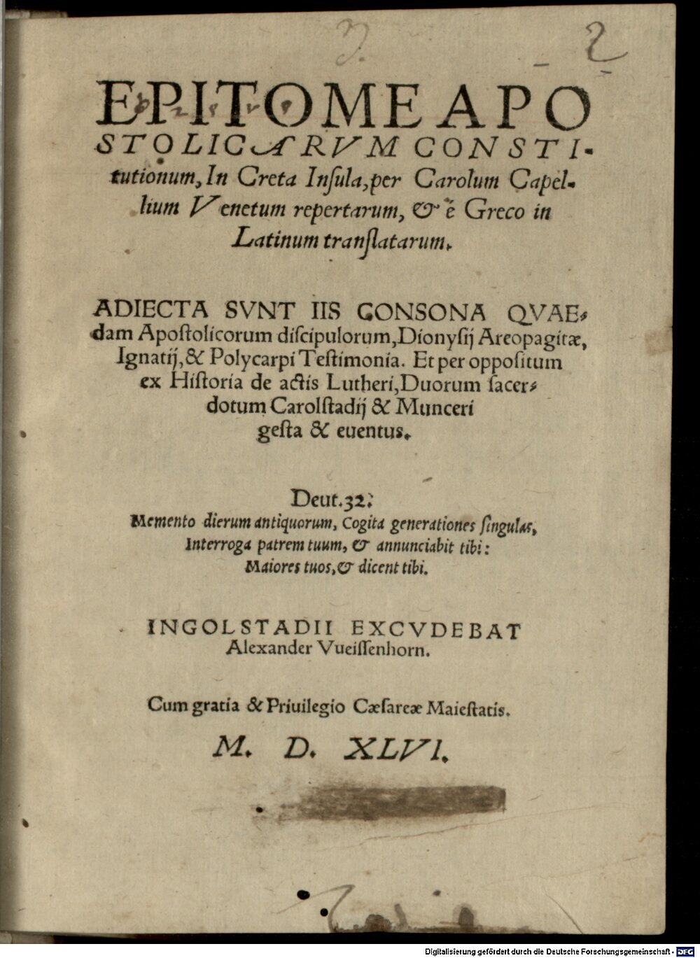 Capello, Carlo: Epitome Apostolicarvm Constitutionum Ingolstadii 1546 (4 Polem. 666#Beibd.2)