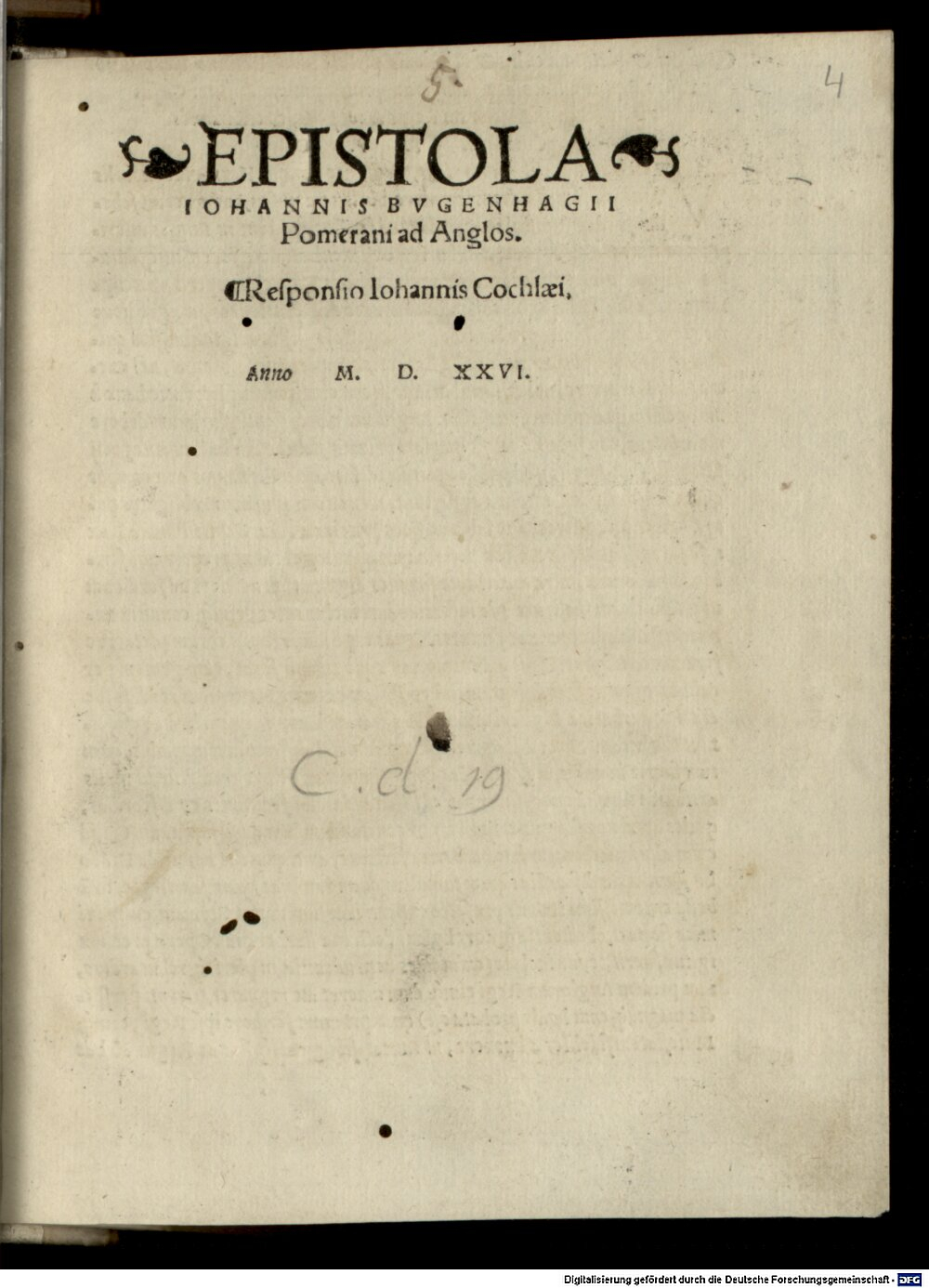 Bugenhagen, Johannes: Epistola Iohannis Bvgenhagii Pomerani ad Anglos Coloniae 1526 (4 Polem. 666#Beibd.4)