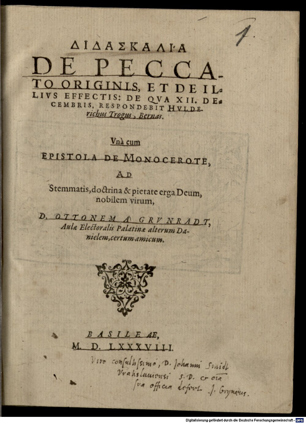 Grynaeus, Johann Jakob: Didaskalia de peccata originis & de illius effectis Basilea 1588 (4 Polem. 744#Beibd.1)