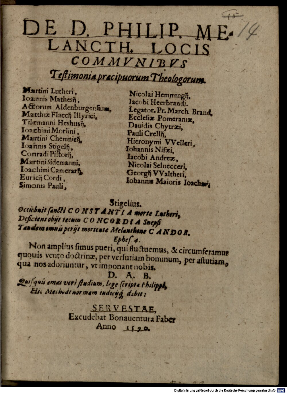 : De D. Phil. Melanchthonis Locis communibus testimonia praecipuorum theologorum Servesta 1590 (4 Polem. 744#Beibd.14)